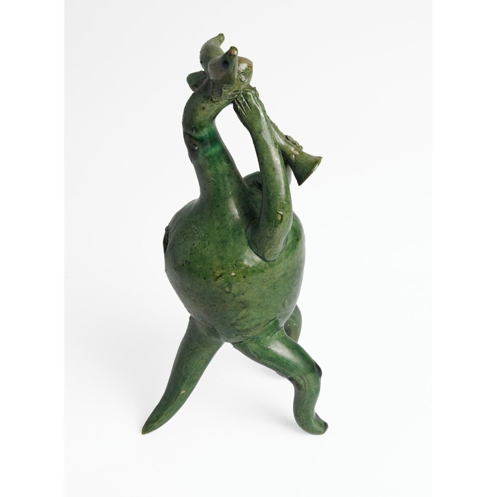 Vintage Flute Player Figurine Green Glaze Hand Made Folk Art Whimsical - Picture 2 of 7